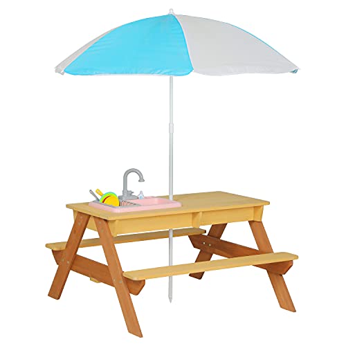 Mederra Wooden Kids Picnic Table Set , Sand & Water Activity Table for Outdoor with Sandbox Removable & Adjustable Umbrella, Children Playset